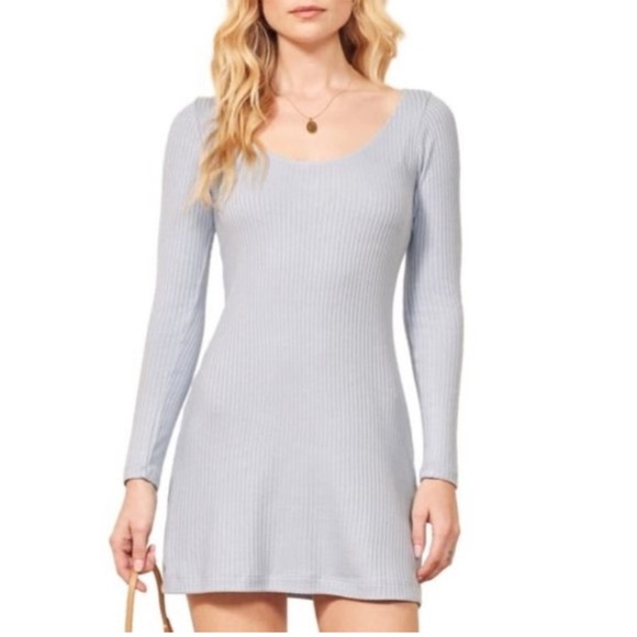 Reformation Dresses & Skirts - Reformation Jeans Light Blue Ribbed Long Sleeve Mini Dress XS